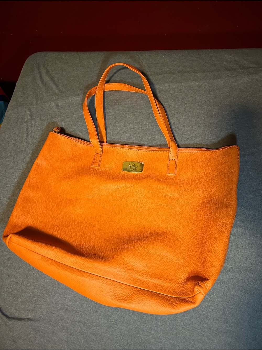 Joy Mangano Vibrant Orange Leather Tote with Gold Logo